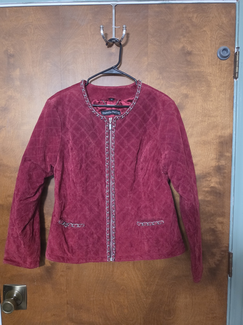 Pamela McCoy Women's Quilted Red Suede Chain-Trim Jacket